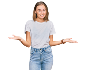 Beautiful young blonde woman wearing casual white t shirt smiling cheerful with open arms as friendly welcome, positive and confident greetings