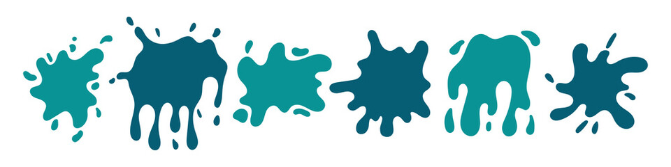 Vector paint splashes set. Abstract turquoise, green and blue blots. Colorful cartoon paint splatter collection.