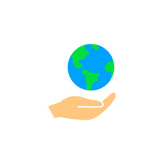 Hand hold earth globe icon. World planet eco environment save world design illustration.