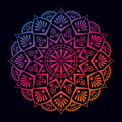 Colorful gradient color mandala on black isolated background. Abstract mandala design for yoga, meditation poster, banner, wallpaper, decoration ornament