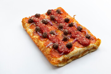 Detroit pizza on a light background.