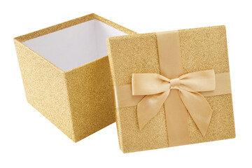 1 goldenes Geschenk mit Schleife und Hintergrund transparent
