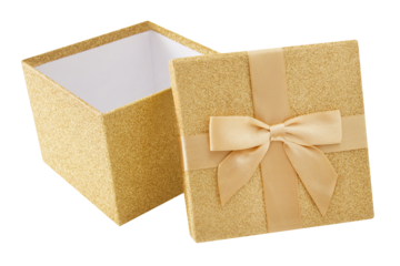 1 goldenes Geschenk mit Schleife und Hintergrund transparent