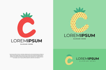 Letter C in strawberry style with green leaves
