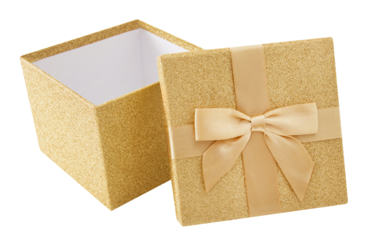 1 goldenes Geschenk mit Schleife und Hintergrund transparent