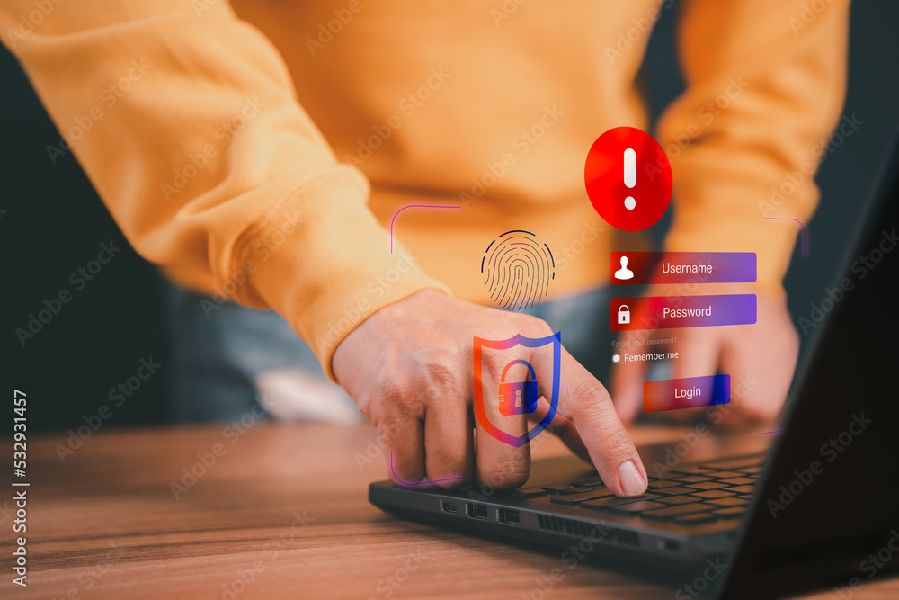 Aufkleber Man typing login and password, cyber security concept, Secure encryption and access to the user's private information to access the Internet. exclamation mark.