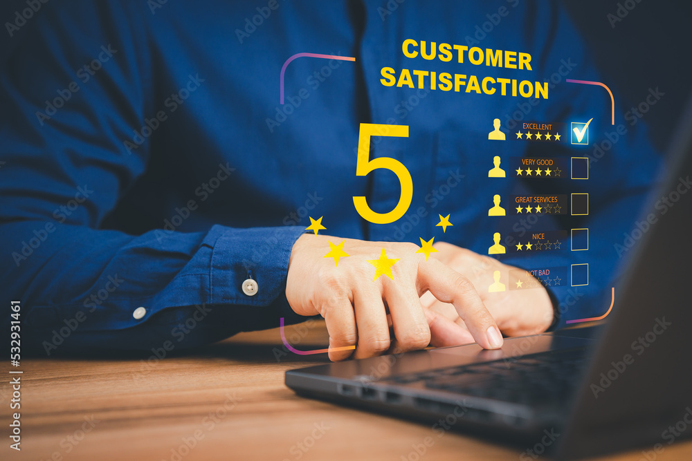 Poster man hand using computer laptop with popup five star icon for feedback review satisfaction service, c