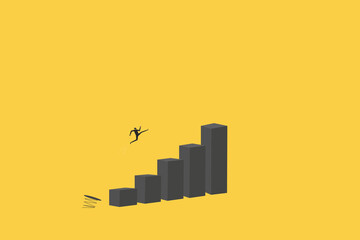 Business challenge, revenue rebound and recover from economic crisis or earning and profit growth jump from bottom concept, strong businessman jumping from trampoline back to top of growing bar graph.