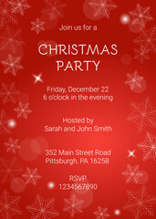 Christmas party invitation with snowflakes and glares on red gradient background. 