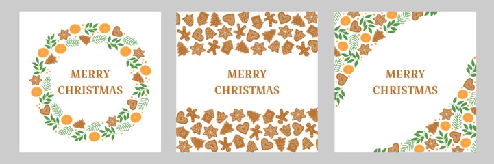 Set of Christmas greeting cards with gingerbread cookies. Biscuits, winter twigs and orange slices patterns