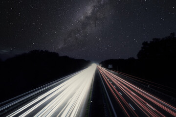 Fototapeta na wymiar Speed Traffic - Highway at Night - Cars - Nachtverkehr auf Autobahn - Light Trails - Datenautobahn - Speeding - German - Ecology - Long Exposure - High quality photo 