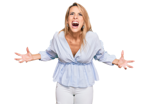 Beautiful blonde business woman wearing casual clothes crazy and mad shouting and yelling with aggressive expression and arms raised. frustration concept. - Powered by Adobe