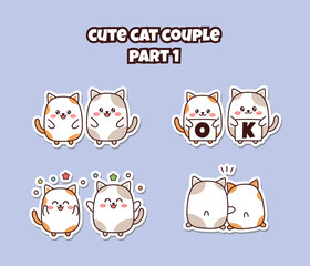 Set of cute kawaii couple little cat for social media sticker emoji expression say OK happy and hug emoticon
