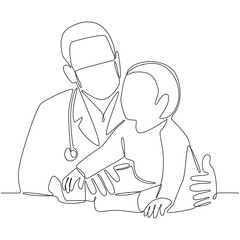 Continuous line drawing of a doctor wearing a mask together with a baby patient