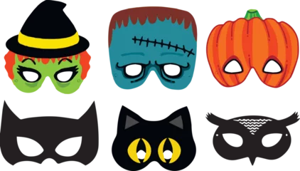 Fotobehang Halloween mask set: bat, cat, pumpkin, owl, witch © Anna Lytvyn