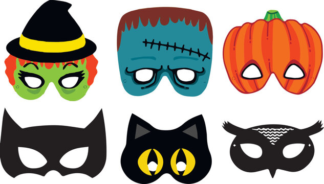 Halloween mask set: bat, cat, pumpkin, owl, witch