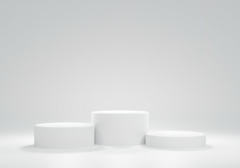 three white circle podiums for ranking.for product advertisement or product presentation.Product display.3D rendering