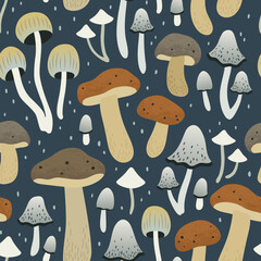 Seamless pattern with musrooms. Autumn background. Hand drawn texture for print, textile, fabric. Vector illustration.