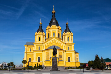 View of the Alexander Nevsky cathedral with a monument to the russian prince Alexander Nevsky. Nizhny Novgorod, Russia