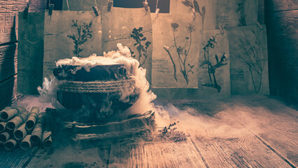Odd witcher cauldron and smoke flowing, Halloween background.