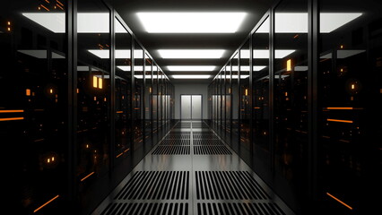 Server room data center corridor with yellow lights. 3D render illustration of the cloud computing and mining technology.