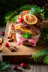 Homemade orange gingerbread for Christmas baked on wooden box