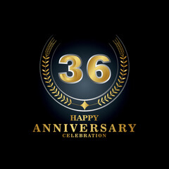 Fototapeta premium Template emblem 36th years old luxurious anniversary with a frame in the form of laurel branches and the number 36 . 36 years anniversary royal logo. Vector illustration Design 