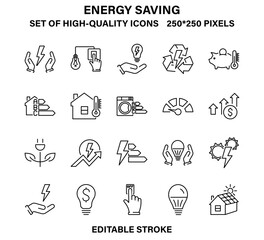 A set of simple but high-quality linear icons about saving electricity.