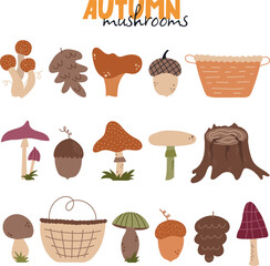 Set of stickers with autumn mushrooms. Vector warm and cozy hygge collection of autumn stickers and illustrations in cartoon style.