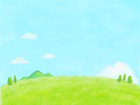 Grassland landscape simple and cozy hand drawn illustration background material / 草原の風景 シンプルでさわやかな手描きイラスト背景素材