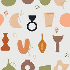 Cozy home autumn pattern with jugs. Vector warm and cozy hygge collection of autumn patterns and illustrations in cartoon style.