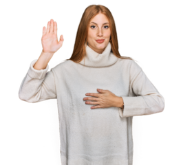 Young irish woman wearing casual winter sweater swearing with hand on chest and open palm, making a loyalty promise oath