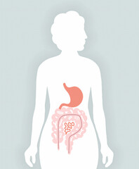 Human microbiome illustration with intestines and bacteria Vector picture. Gastroenterologist. Bifidobacteria, lactobacilli. Lactic acid bacteria.