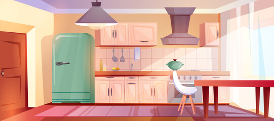 Cartoon kitchen interior with wooden retro furniture and range hood. Home cooking room with stove, fridge, cupboards and dinner table with white chair. Empty apartment inside with door and dining area
