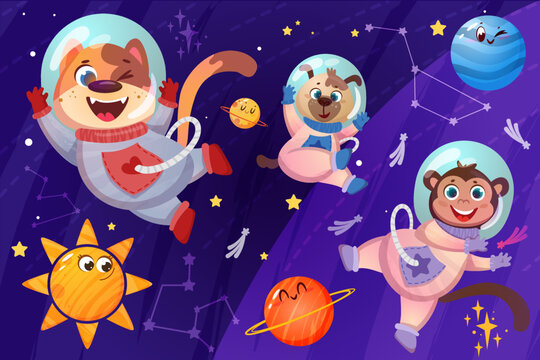 Cute animals astronauts in spacesuits flying in open space. Happy dogs and monkey cosmonauts in helmet exploring universe galaxy with planets, stars and constellations cartoon vector illustration.