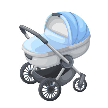 recommend clip art: Baby stroller vector illustration. Cartoon isolated carriage for newborn child with wheels and basket, cute modern blue pram stroller for walks in park with infant boy, transportation for toddler kids