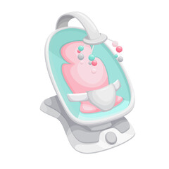Baby crib, bedroom furniture vector illustration. Cartoon isolated cute modern empty cot with carousel of hanging balls, contemporary baby cradle with toys to soothe and sleep infant child in bedtime