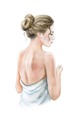 Figure of a woman watercolor sketch, girl with a naked back in profile, silhouette, emblem, logo
