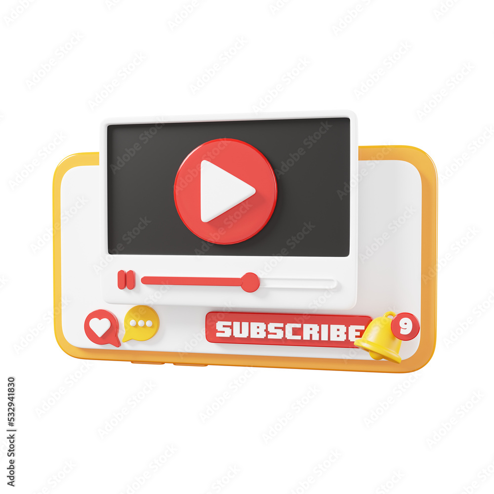 Poster smartphone player media app and subscribe button isolated on white background. video, streaming and 