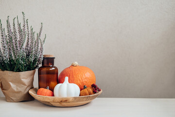Sustainable Eco-Friendly Autumn Thanksgiving day web banner background with Pumpkins, heather, candles. Holiday autumn festival background.