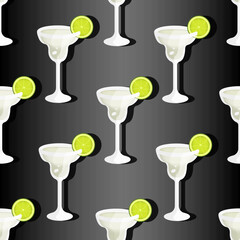Glass with a margarita cocktail pattern with a slice of lime on a stylish black background. Vector illustration with green alcohol cocktail with tequila, citrus and shadow.