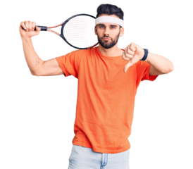 Young handsome man with beard playing tennis holding racket with angry face, negative sign showing dislike with thumbs down, rejection concept