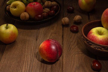 Beautiful still life of fruits on a wooden table. Decor.