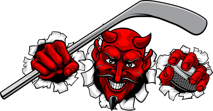 A devil or satan ice hockey sports mascot cartoon character holding a puck and stick