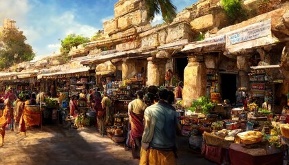 AI generated image of the scene at an ancient Indian market with many small shops and customers in attendance