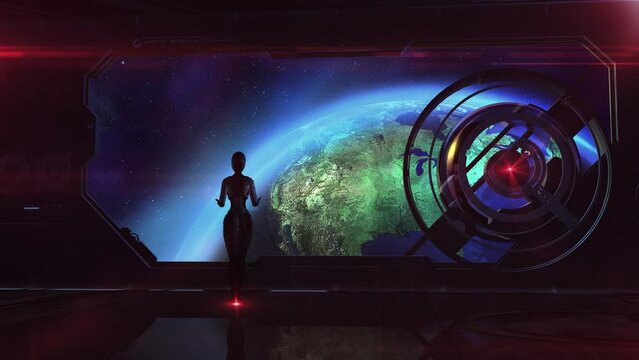 Robot aboard a spaceship in earth orbit, 3D render