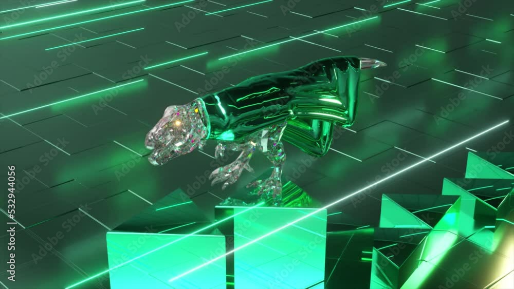 Poster diamond dinosaur wearing a green mirrored mantle walks along vertical triangular pillars. 3d animati
