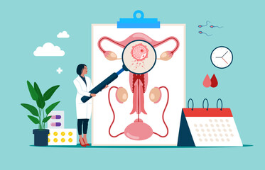 Penetration and sexual intercourse of penis and vagina. Male and female sex organ have sex. Semen and sperm are ejaculated into uterus. Seminar, lecture, healthcare meeting. Vector illustration. - obrazy, fototapety, plakaty
