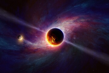 Abstract scientific image, glowing exoplanets in deep space on background of spiral galaxy....