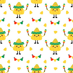 Nacho chips, tortilla chips characters wearing sunglasses and sombrero, holding maracas vector seamless pattern background for celebration and party design.
